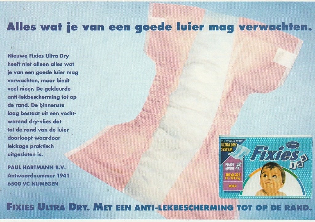 Retro reclame 1990 Fixies baby luiers Ultra Dry verwachting, Verzenden, Overige typen