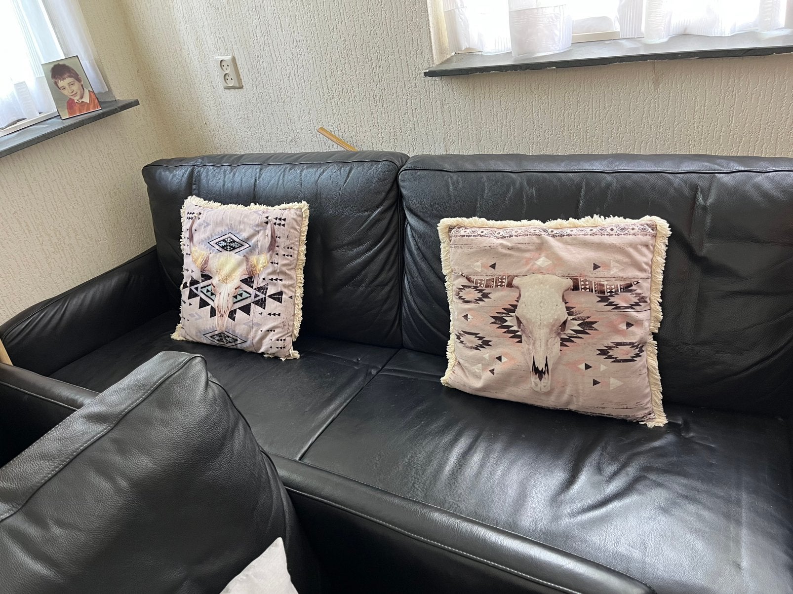 Zwarte leren bankstel met twee fauteuils, Ophalen, Gebruikt, Zwart, Overige vormen