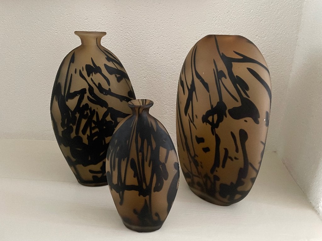 Set van 3 mooie glazen vazen, Bruin, Ophalen of Verzenden, Matte afwerking, Glas
