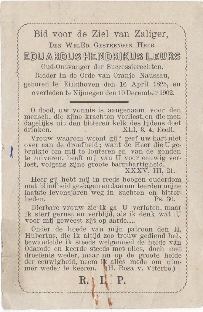 Eduardus Leurs 1825 Eindhoven + 1902 Nijmegen, 77 jaar, Verzenden