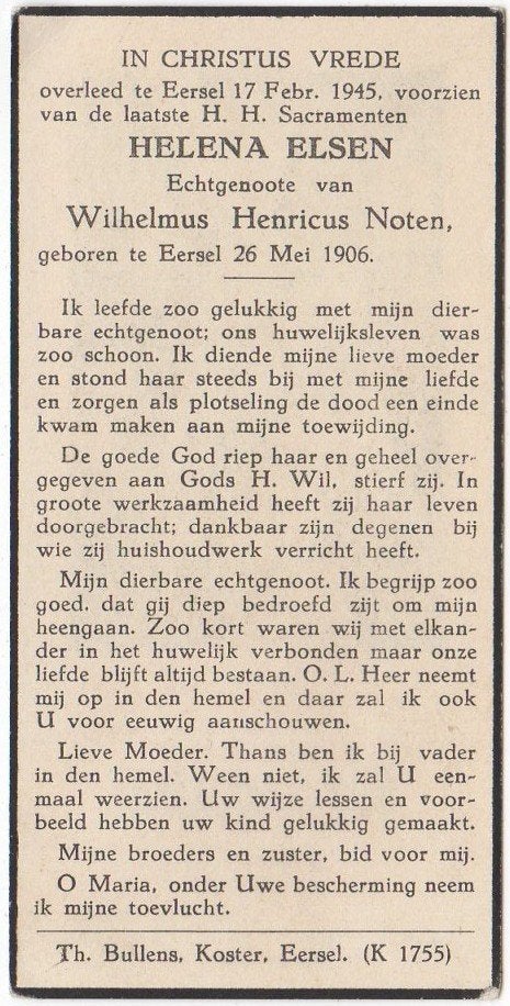 Helena Elsen 1906 Eersel + 1945 Eersel, 38 jaar oud, Verzamelen, Bidprentjes en Rouwkaarten, Verzenden