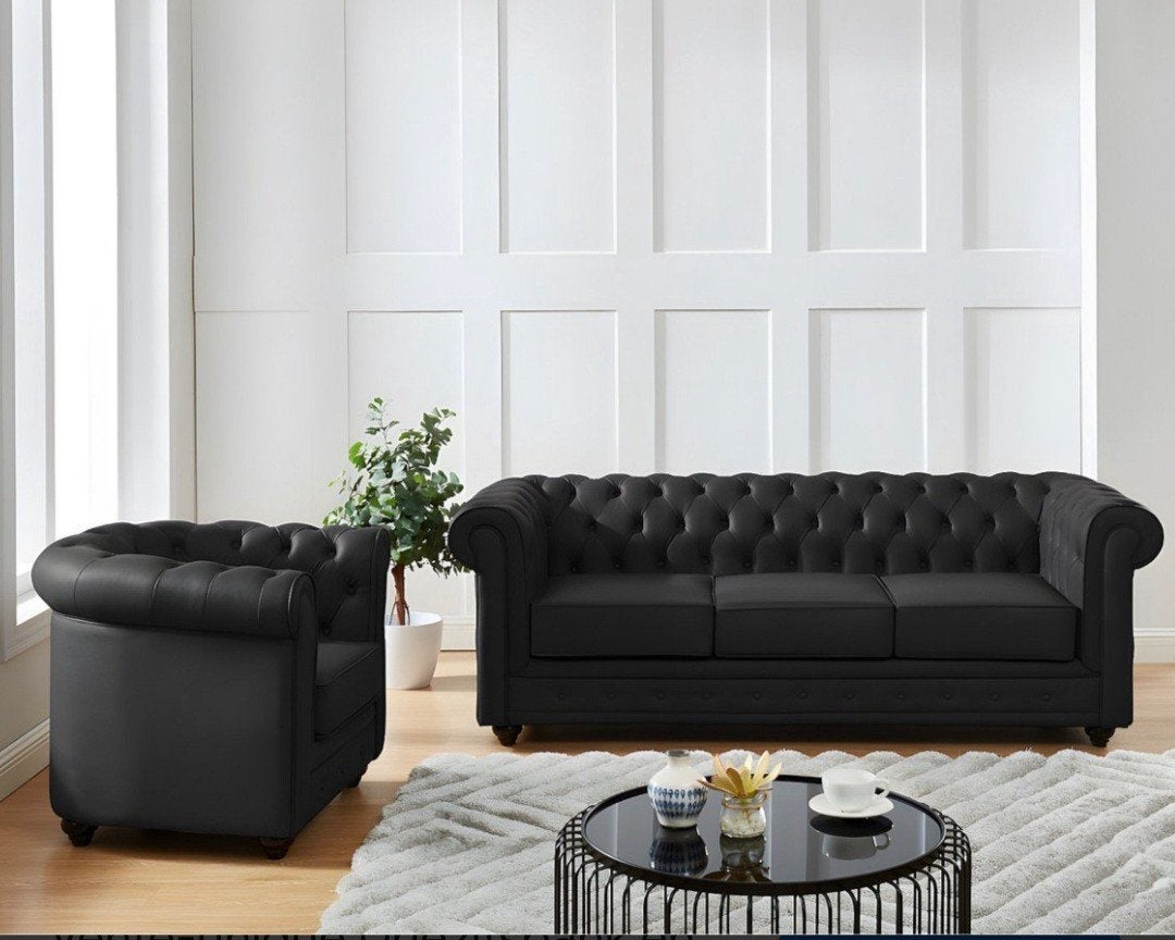 Zwarte Chesterfield Bank en Fauteuil Set, Driepersoons, Zo goed als nieuw, Rechte bank, 200 tot 250 cm