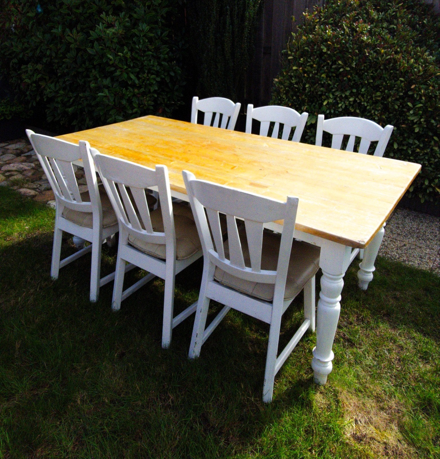 Grote houten eettafel met 6 stoelen, Gebruikt, Vijf personen of meer, 150 tot 200 cm, Grenenhout