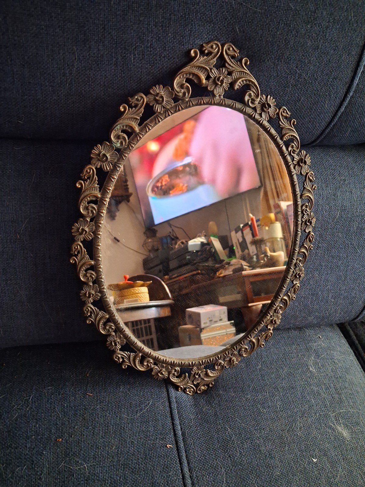 Vintage spiegel met koperen omlijsting - Nog als nieuw!, Ophalen of Verzenden, Ovaal, Minder dan 50 cm, Minder dan 100 cm