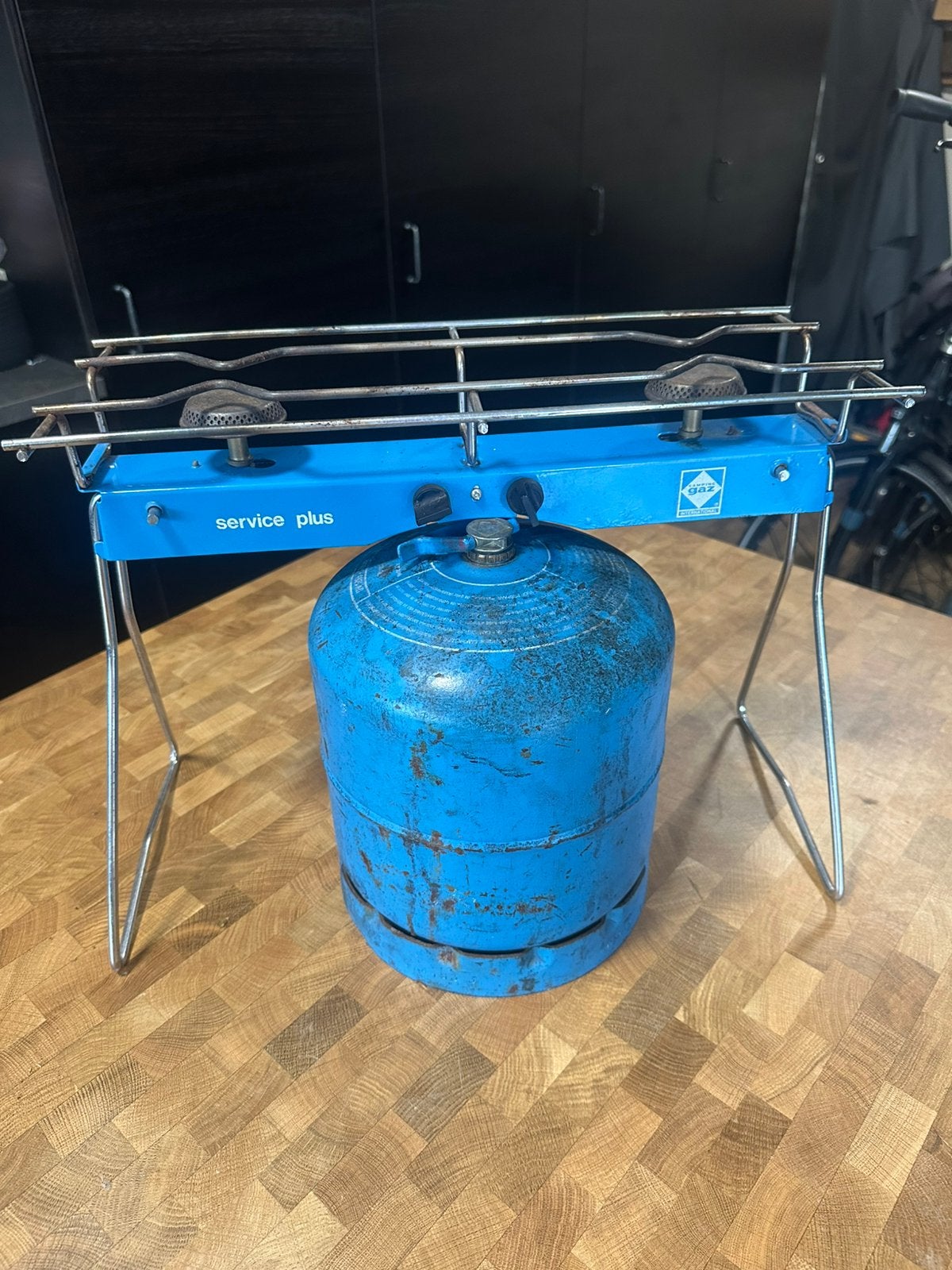 Camping gas stel 2 pits evt met gasbus, Caravans en Kamperen, Kampeeraccessoires, Ophalen, Gebruikt
