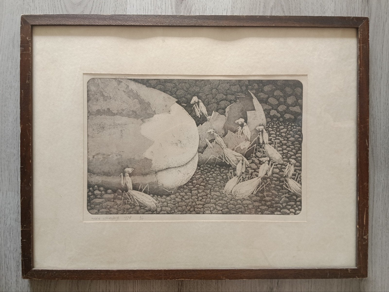 Eddie Schoonheijt (1949) Surrealistisch Insecten bij Ei 1978, Ophalen of Verzenden, Ets, 1950 - 1999