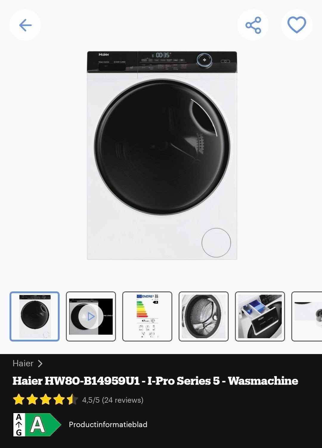 Haier HW80-B14959U1 Wasmachine - Zo goed als nieuw, Ophalen, Energieklasse A of zuiniger, Voorlader, 1200 tot 1600 toeren