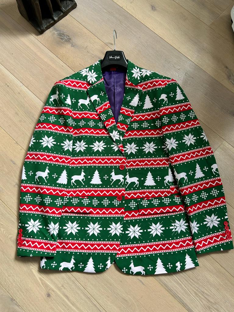 Opposuits Kerstpak - Groen met rendieren en kerstbomen, Kleding | Heren, Maat 52/54 (L), Kerstmis of Sinterklaas, Ophalen of Verzenden