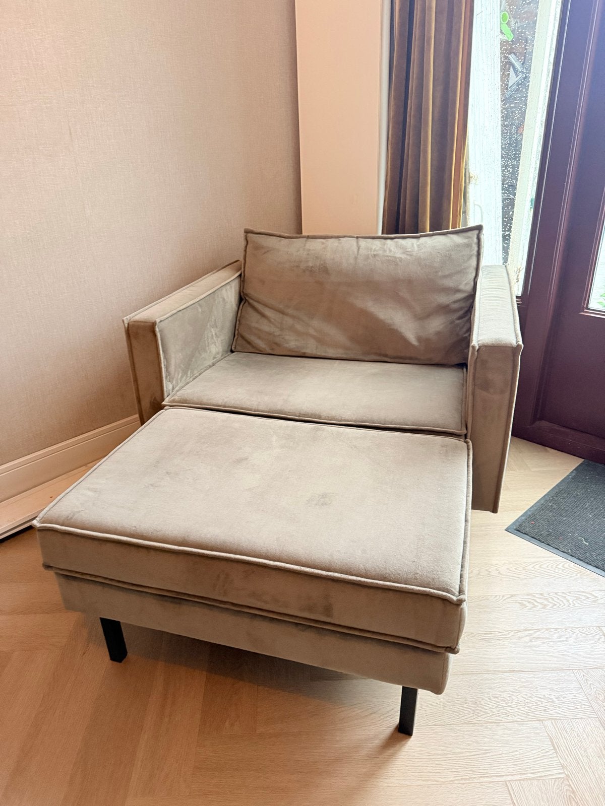 Loveseat met Hocker - Bruingroen Velours, Gebruikt, Bruin, Ophalen of Verzenden, Eén