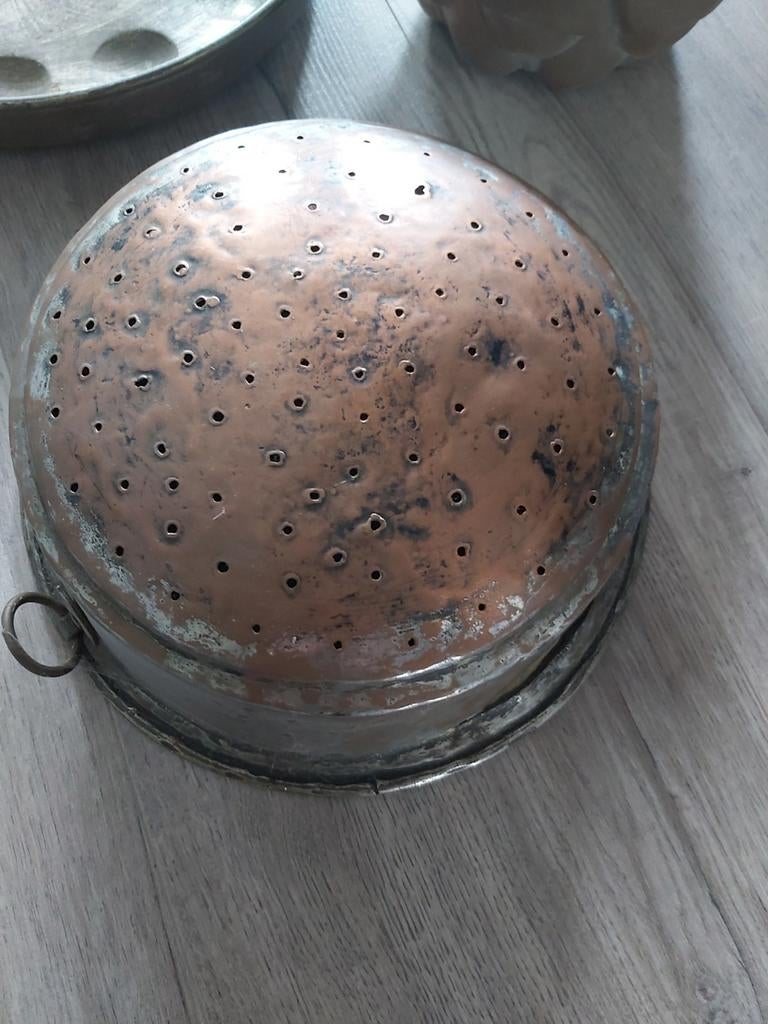 Vintage Turkse koperen zeef over tinnen vergiet, Antiek en Kunst, Antiek | Koper en Brons, Ophalen