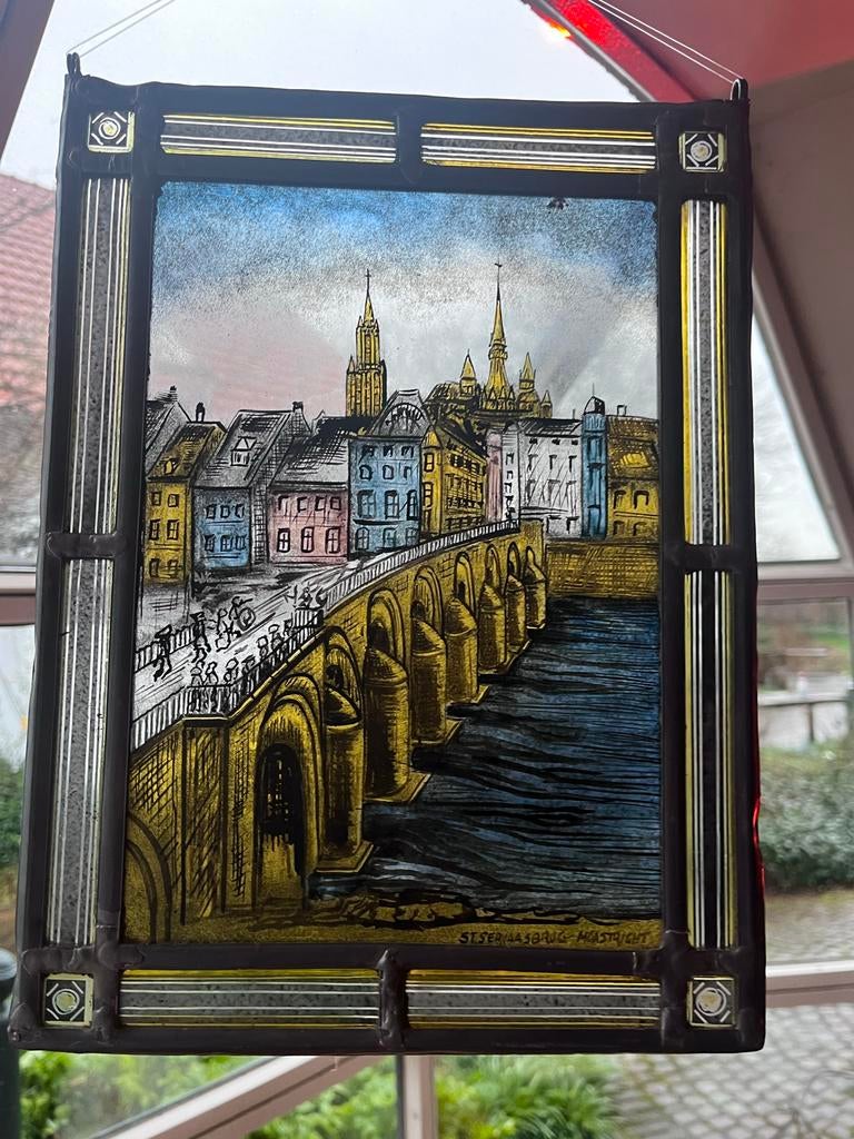 Glas-in-lood afbeelding Sint Servaasbrug Maastricht (ca. 195, Antiek en Kunst, Ophalen of Verzenden