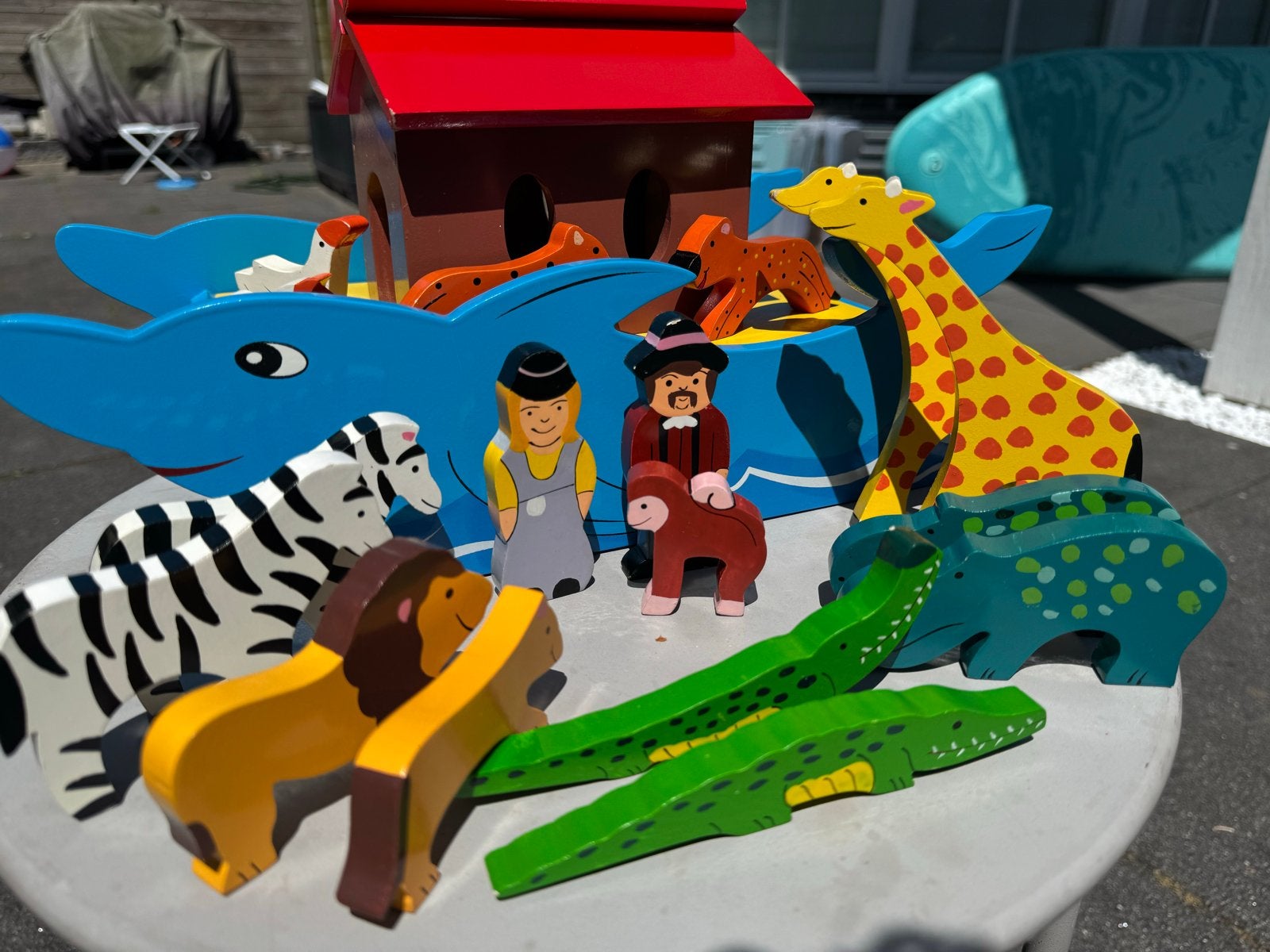 Houten Ark van Noach met vrolijke handgeschilderde dieren, Kinderen en Baby's, Ophalen of Verzenden, Zo goed als nieuw, Overige typen