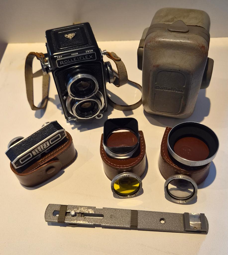 Complete Baby Rolleiflex 4x4 set + Telex + Rolleinar + tas, Ophalen, Gebruikt, Spiegelreflex, Overige Merken