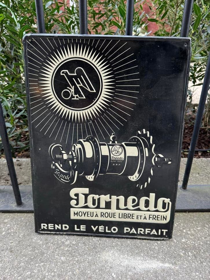 Vintage Torpedo Reclamebord - Fietsnaaf, Reclamebord, Gebruikt, ., Ophalen of Verzenden