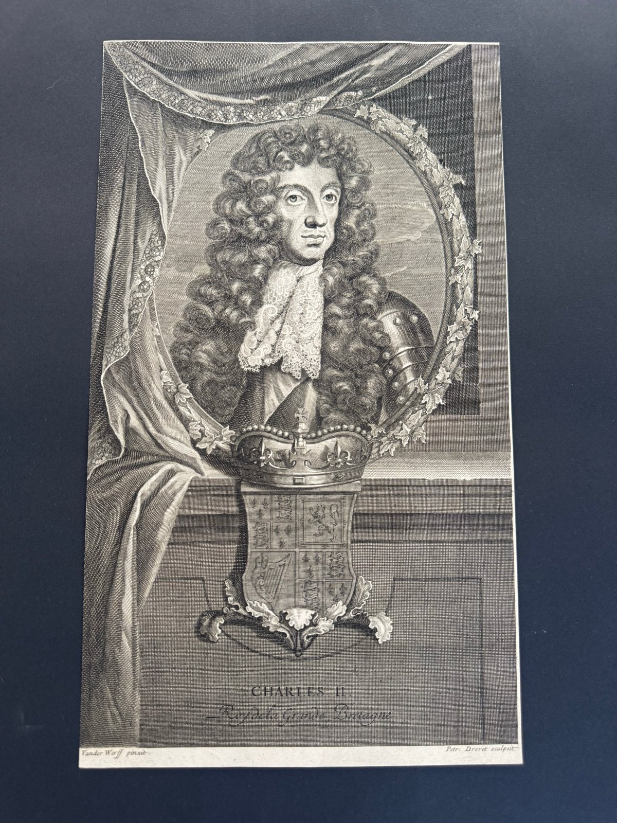 Antieke Gravure Karel II Portret & Wapen 17e Eeuw, Portret, Gravure, Origineel, 1600 - 1699