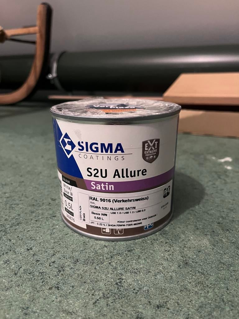 Sigma S2U Allure Satin RAL 9016 Verf 0.5L, Doe-het-zelf en Verbouw, Verf, Beits en Lak, Wit, Nieuw, Ophalen of Verzenden, Lak