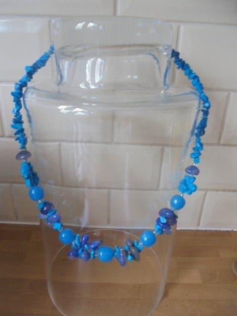 Ketting edelstenen en glas 2 strengen, Blauw, Ophalen of Verzenden, Zo goed als nieuw, Steen of Mineraal