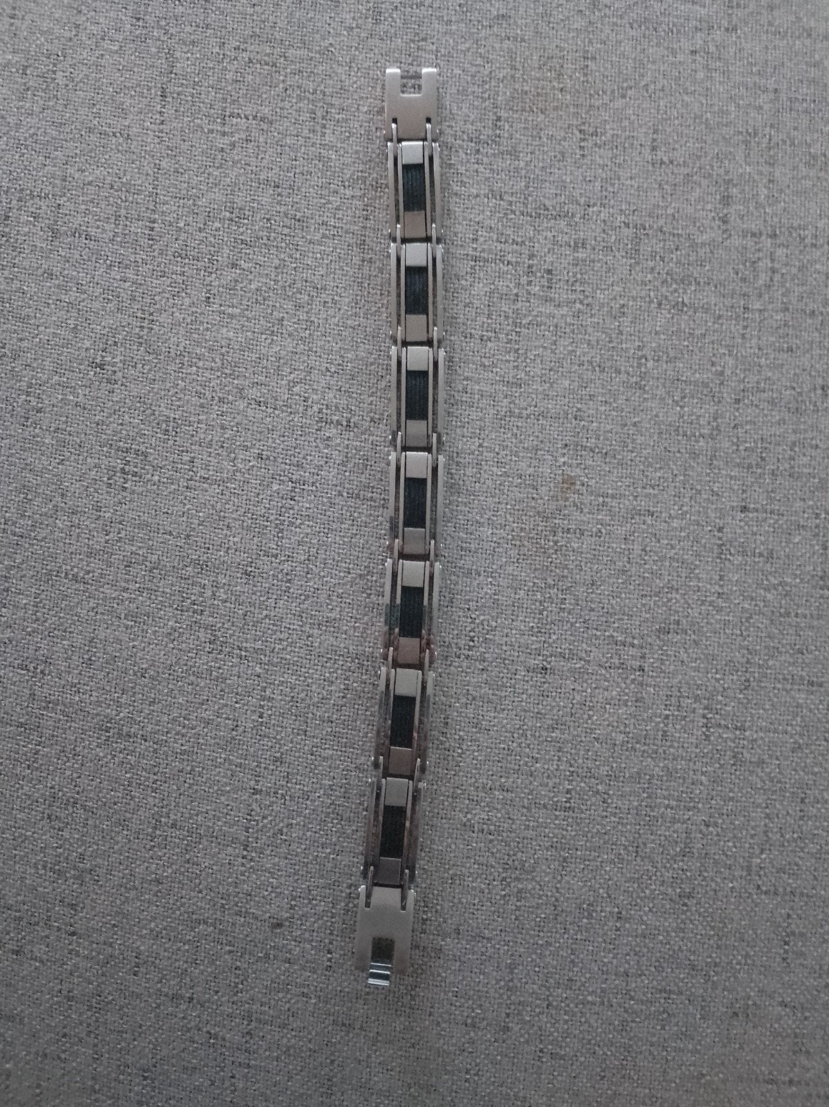 Stalen schakelarmband - Zilverkleurig met zwart, Sieraden, Tassen en Uiterlijk, Armbanden, Ophalen, Gebruikt, Zilver, Staal