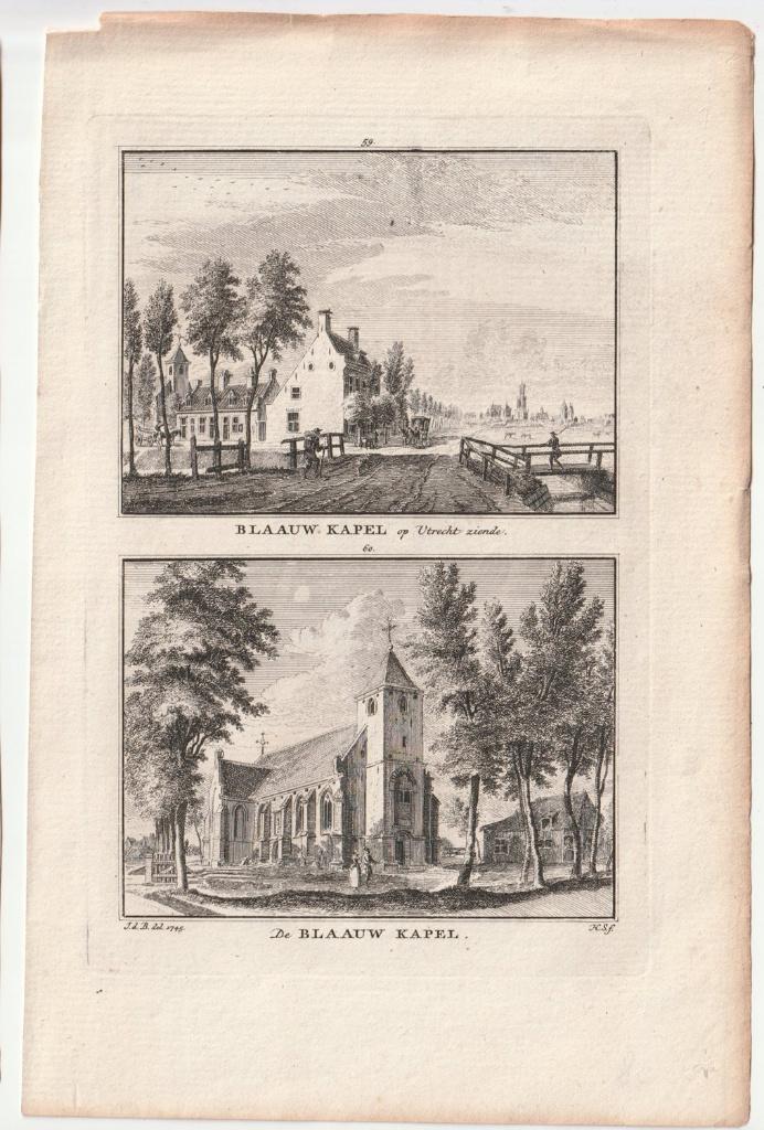 Blaauw Kapel gravure Spilman 2 afbeeldingen ca. 1750, Verzenden, Architectuur, Gravure, Dubbele gravure