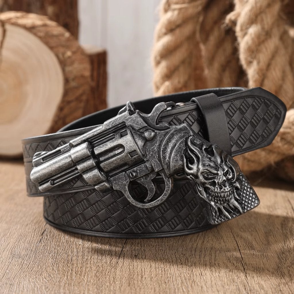 Zwarte kunstleren cowboyriem met revolver, Verzenden, Zwart, Nieuw, 115 cm of meer