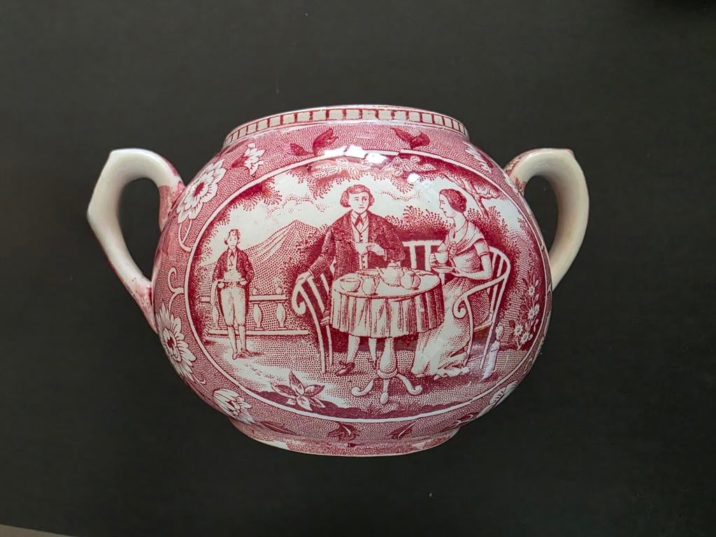 Société ceramiek Maastricht tea drinker suikerpot rood wit, Antiek en Kunst, Antiek | Servies los, Ophalen of Verzenden