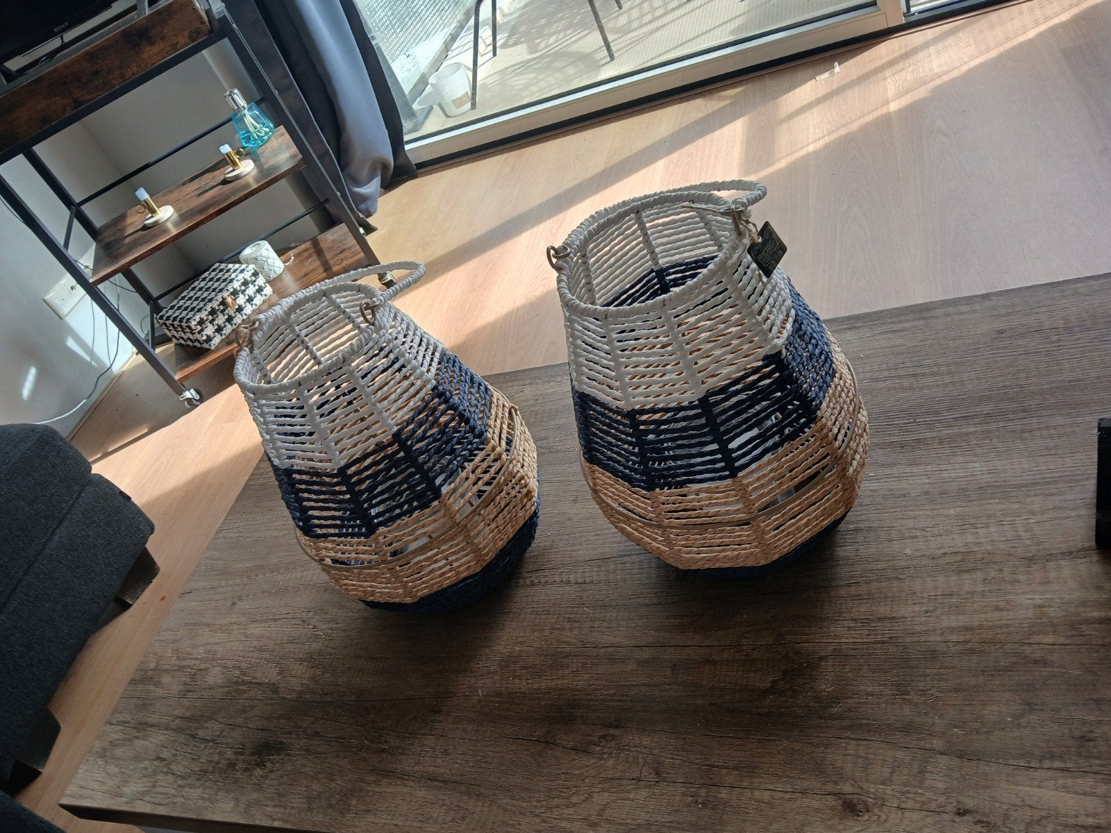Set van 2 rotan lantaarns - Wit, blauw, beige, Huis en Inrichting, Ophalen, Meerkleurig, Zo goed als nieuw, Natuurlijk materiaal
