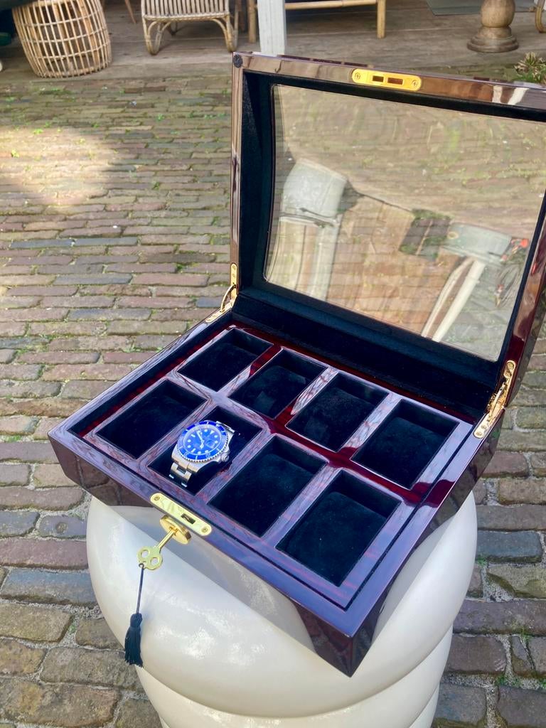 Mahoniehout 8 Vaks Horloge Opbergbox met Slot, Ophalen of Verzenden, Zo goed als nieuw