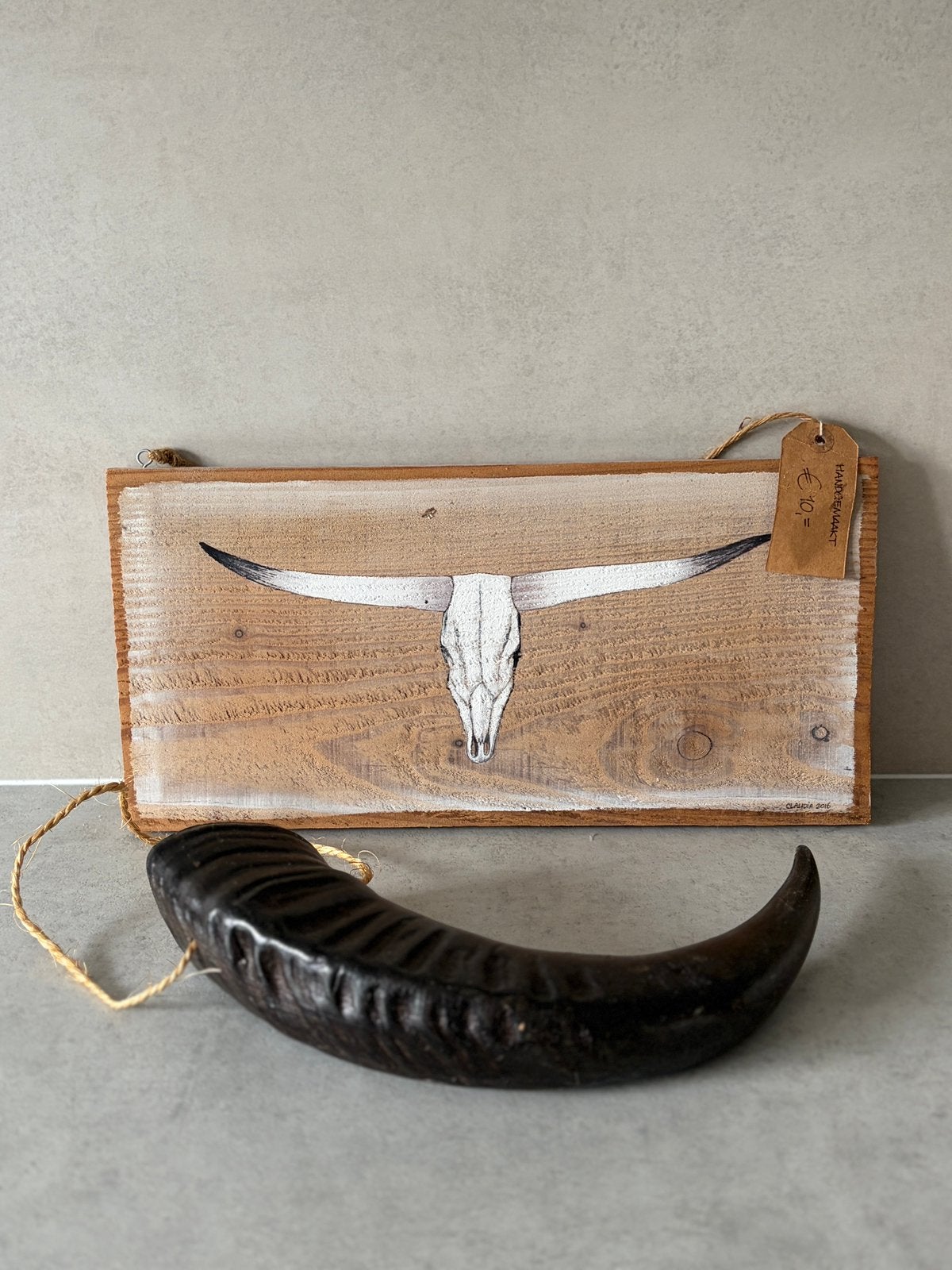 Waterbuffel hoorn + houten deco, Ophalen, Zo goed als nieuw