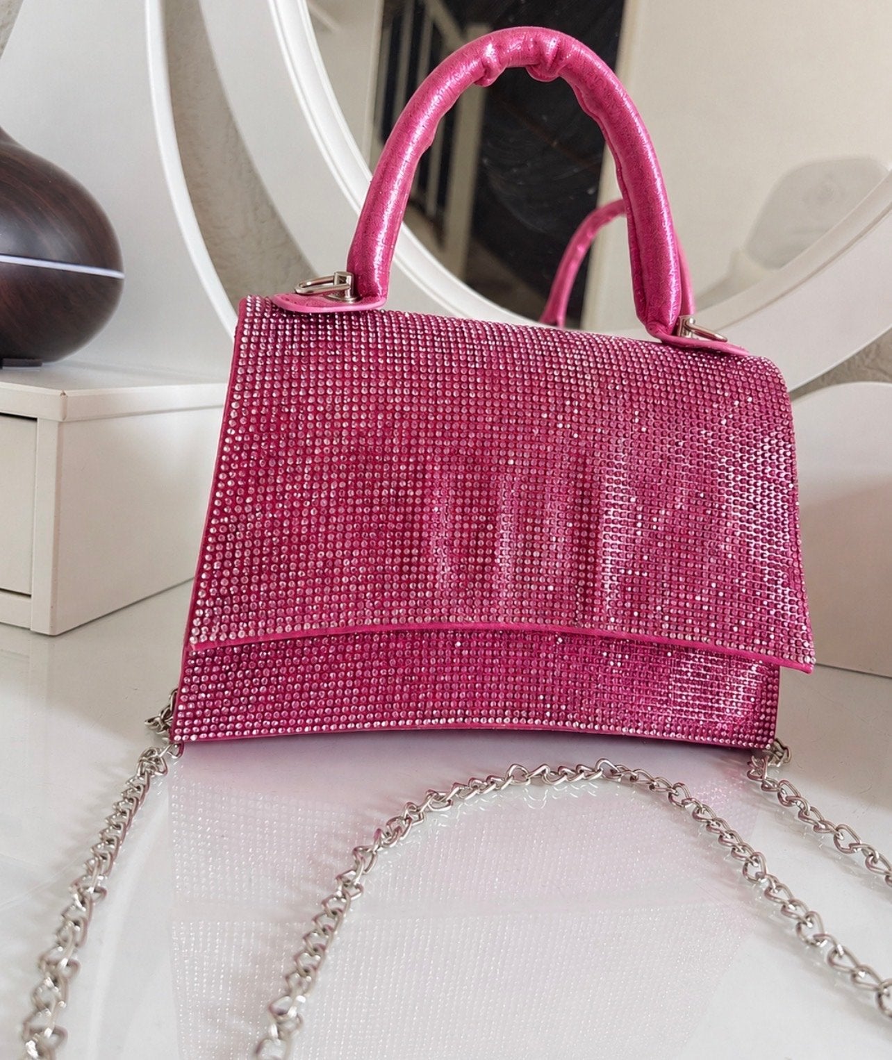 Roze glitter avondtasje met ketting, Sieraden, Tassen en Uiterlijk, Ophalen of Verzenden, Zo goed als nieuw, Roze, Avondtasje