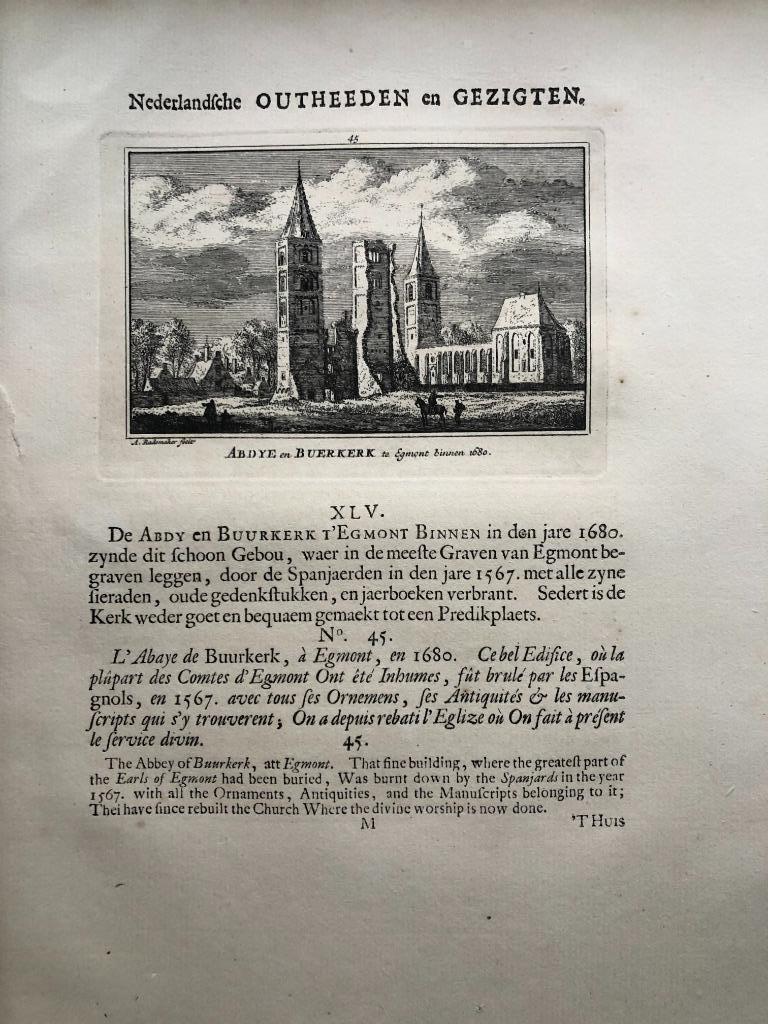 045 / Egmond  binnen Abdij en Buerkerk Kopergravure 1725, Ophalen of Verzenden