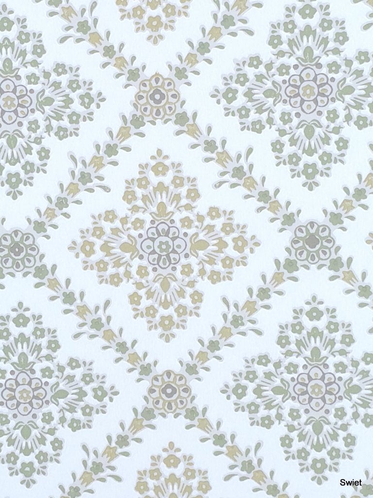 5023 retro wyberbehang bloemen zachtgroen oker 50s swiet, Ophalen of Verzenden, Wit