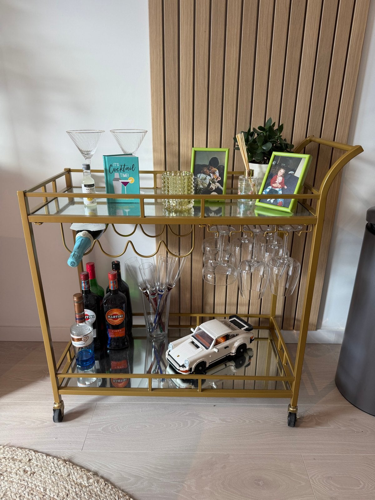 Gouden serveerwagen / drankentrolley met glas en flessenhoud, Ophalen of Verzenden, Zo goed als nieuw