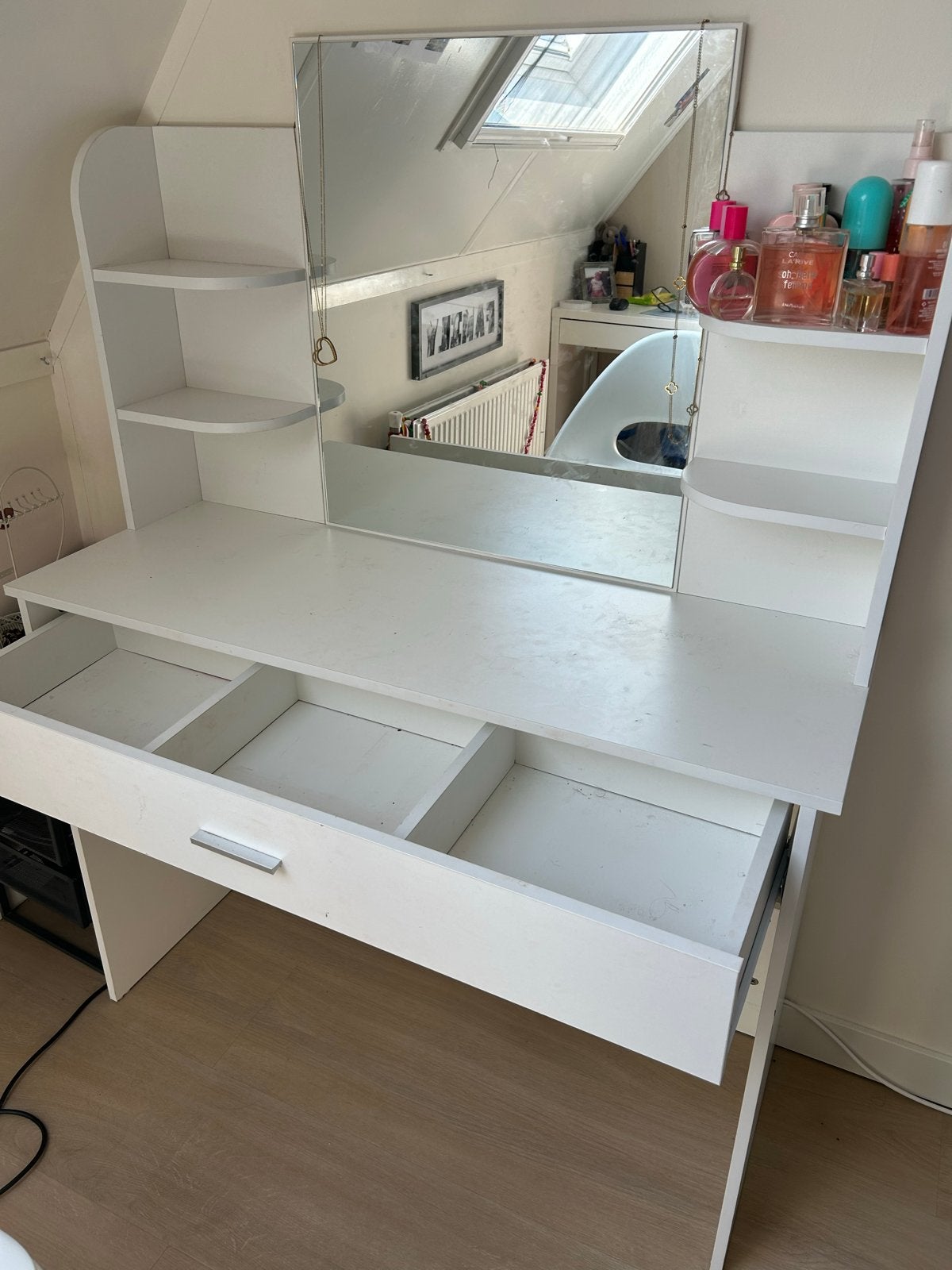 Witte kaptafel met spiegel en lade, Ophalen, Gebruikt, 100 tot 150 cm, 50 tot 100 cm