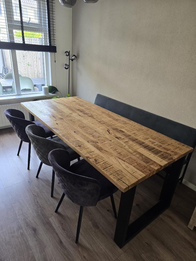 Robuuste Mangohouten Eettafel 220x100 cm | Stalen U-poot, 200 cm of meer, 50 tot 100 cm, Zo goed als nieuw, Vijf personen of meer