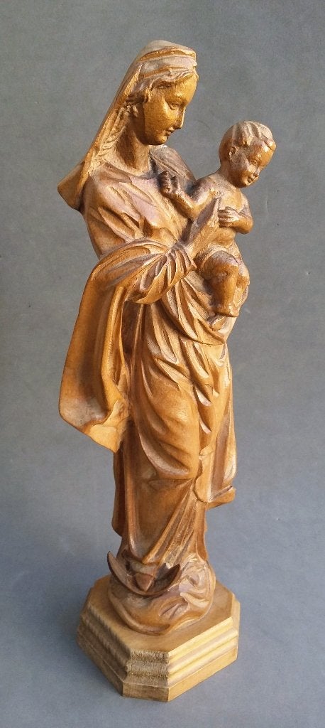 Omstreeks 1950 Lindenhout Maria met Kind Beeld Sculptuur, Gepatineerd, Ophalen of Verzenden, 20 - 50 cm, Beeld
