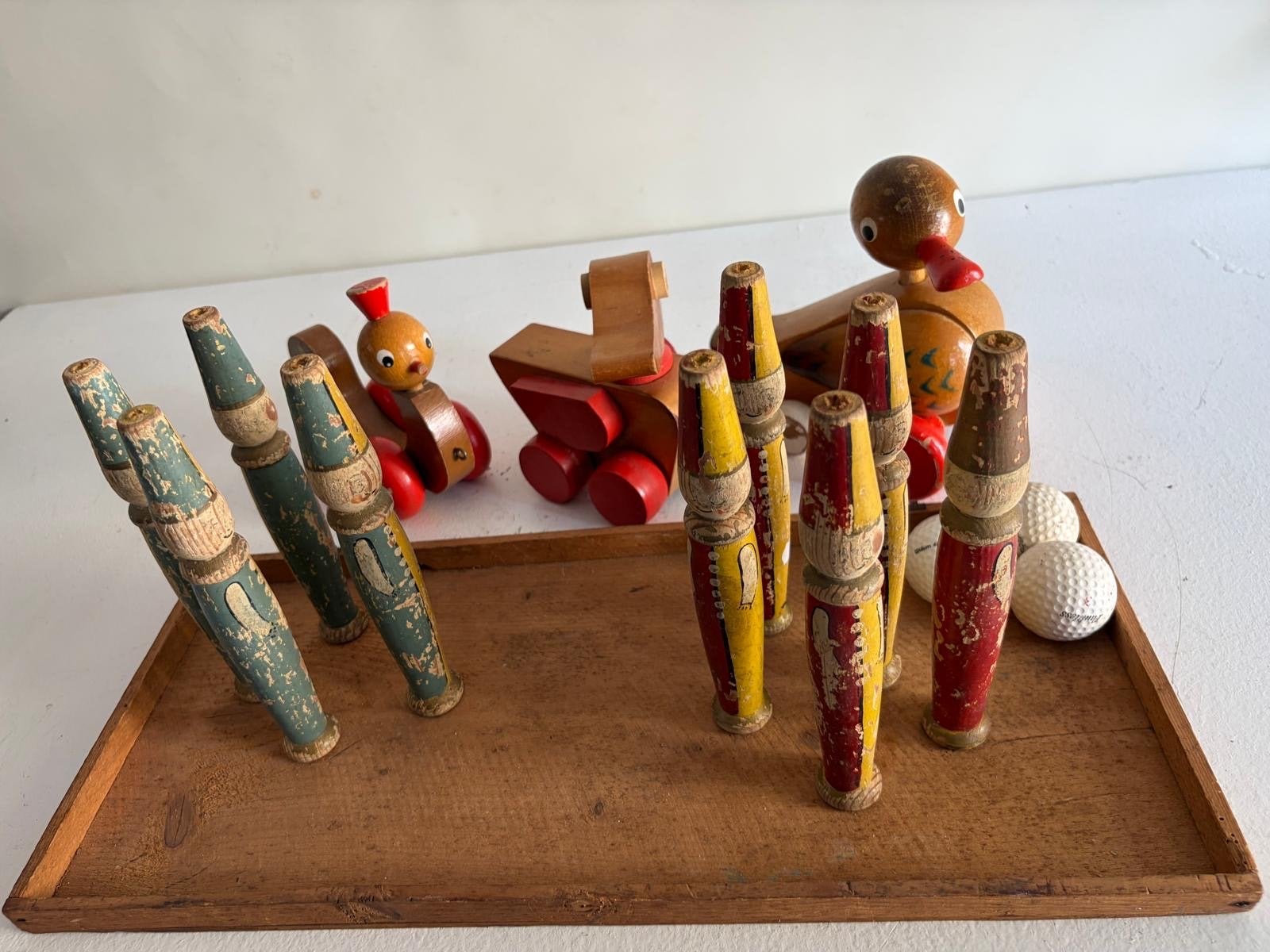 Vintage houten speelgoed: eend, kip en kegelspel, Ophalen of Verzenden, Gebruikt, Duw- of Trekspeelgoed