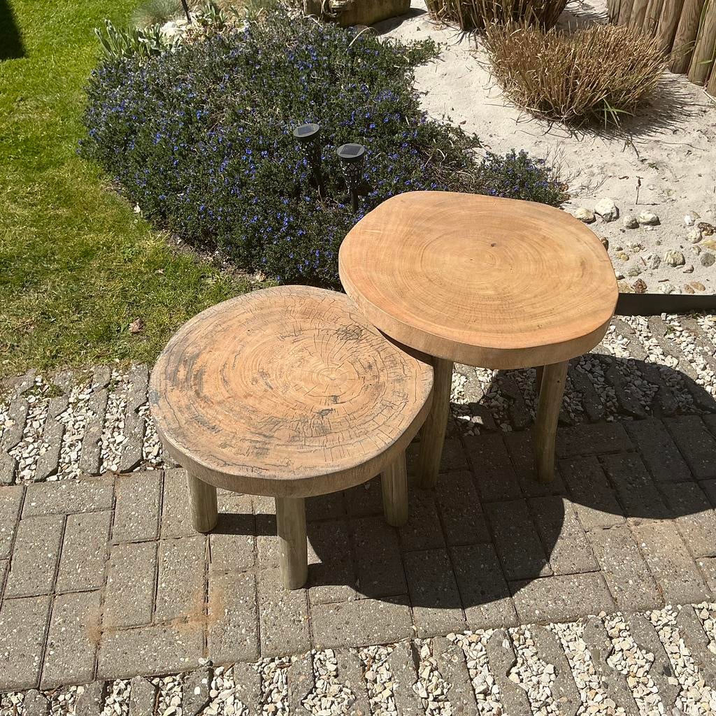 Zware boomstam bijzettafels 1 moet geschuurd worden, Ophalen, Gebruikt, Hout