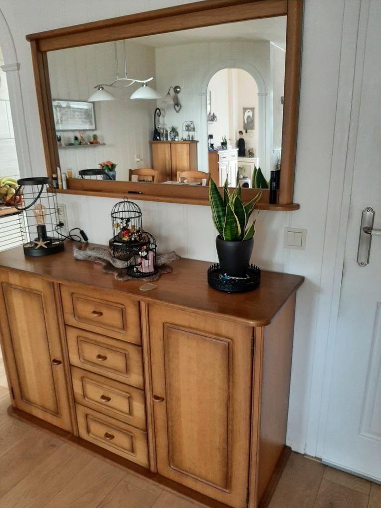 Blank eiken patine dressoir met spiegel, Gebruikt, Klassiek, 150 tot 200 cm, Eikenhout