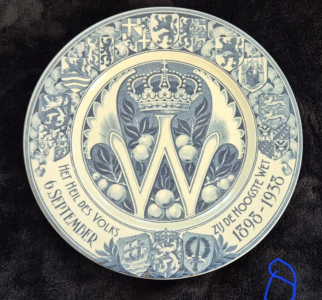 Gedenkbord  Koningin Wilhelmina 1898- 1938, Ophalen of Verzenden