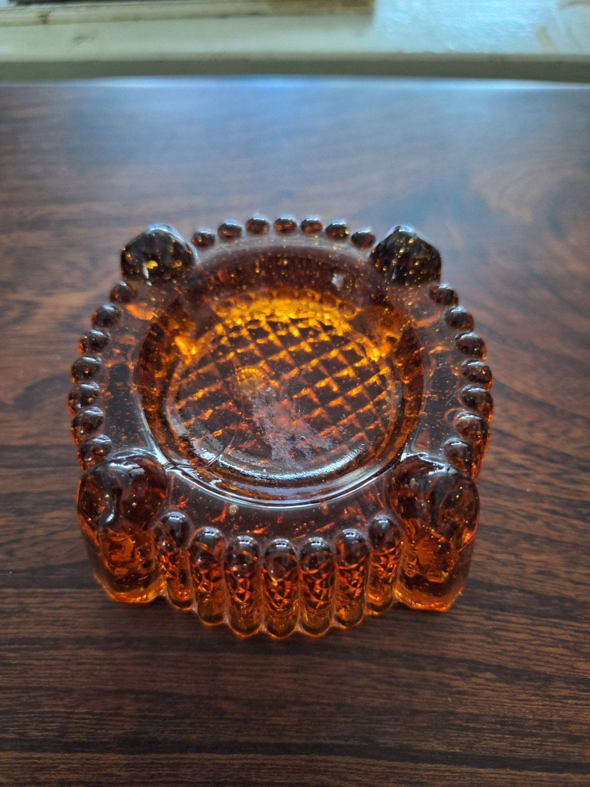 Copier kristallen asbak glas oranje rond bewerkt oud vintage, Ophalen of Verzenden