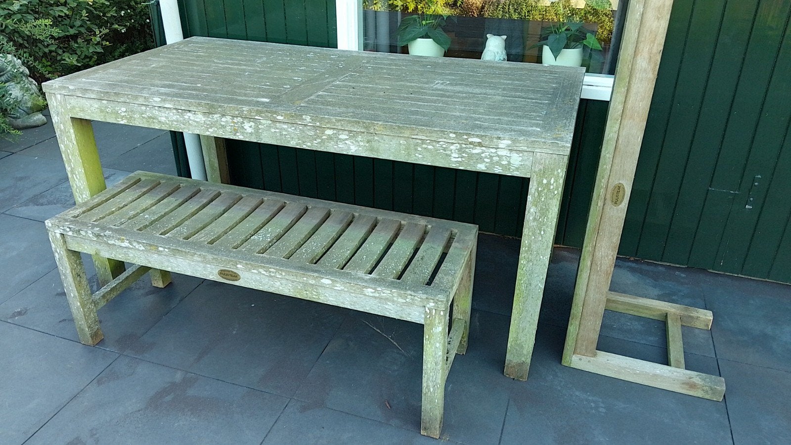 PUUR TEAK tafel en bankjes, Ophalen, 4 zitplaatsen, Gebruikt, Teakhout