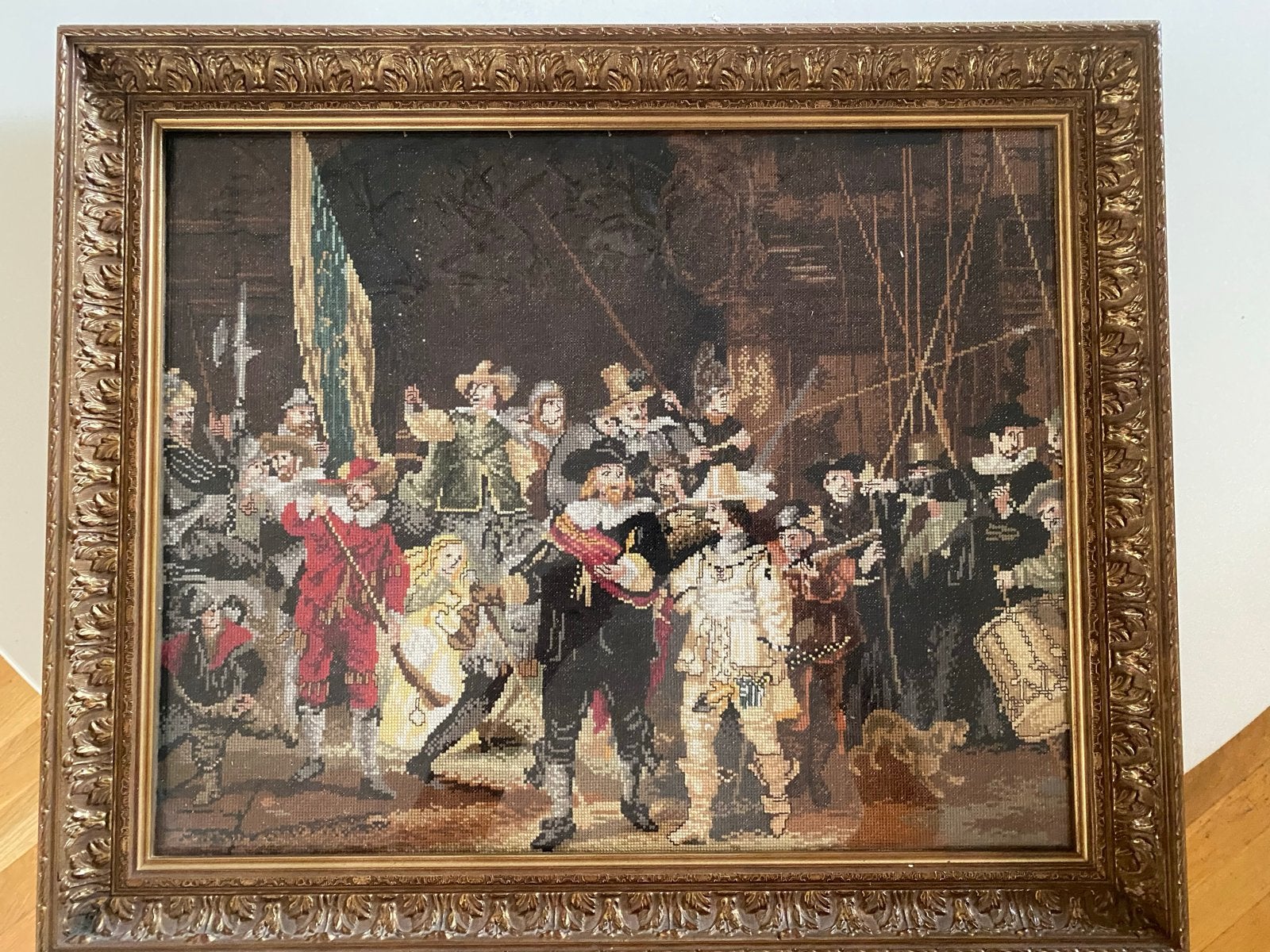 Geborduurde Nachtwacht in mooie lijst, Portret of Personen, Bijzondere lijst, Ophalen of Verzenden, Klassiek