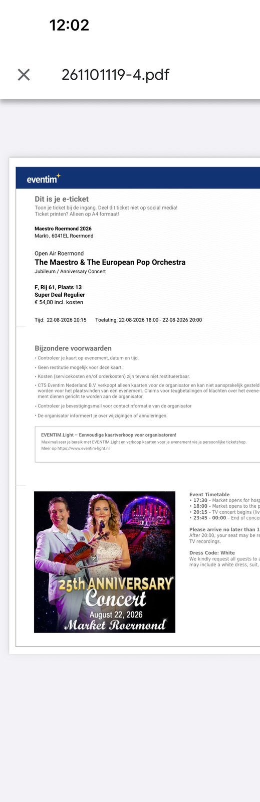 2 Tickets The Maestro en The European Pop Orchestra Roermond, Tickets en Kaartjes, Twee personen