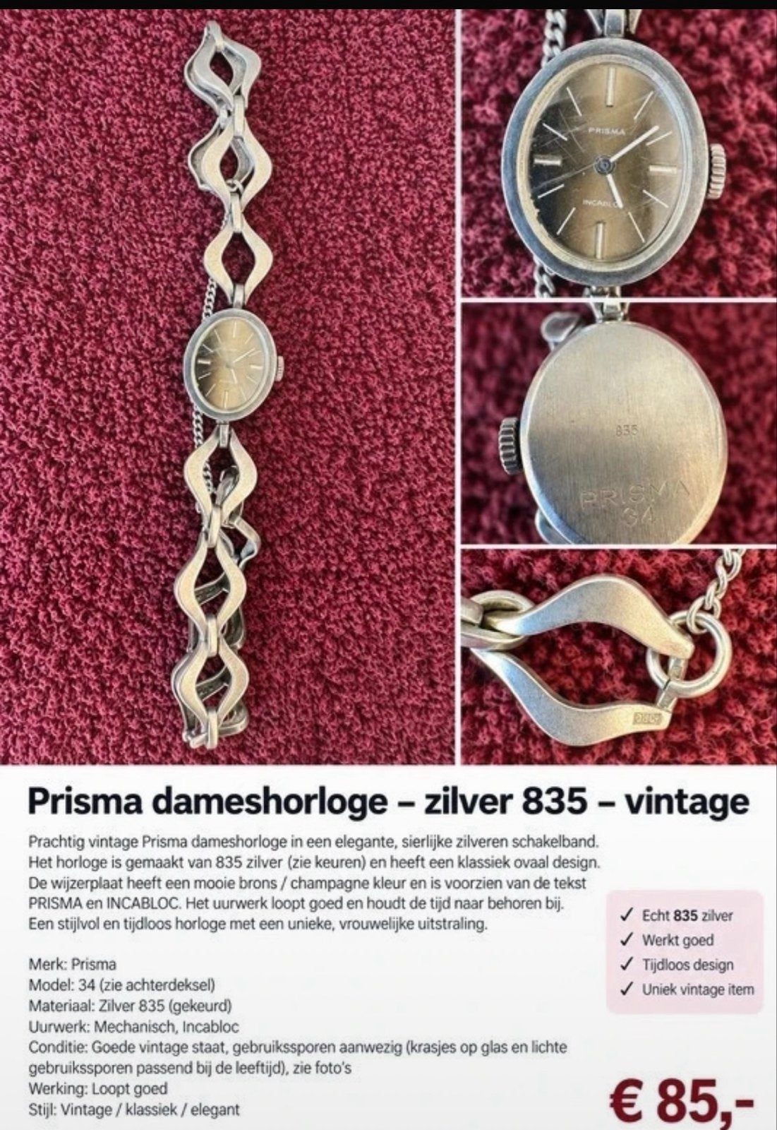 Prisma Dameshorloge - Zilver 835 - Vintage, Overige merken, Gebruikt, Polshorloge, Overige materialen