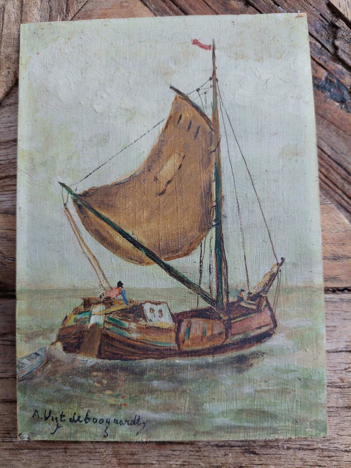 Klein schilderij op paneel: Maritiem tafereel, Antiek en Kunst, Realistisch, Ophalen of Verzenden, Olieverf, Handgeschilderd