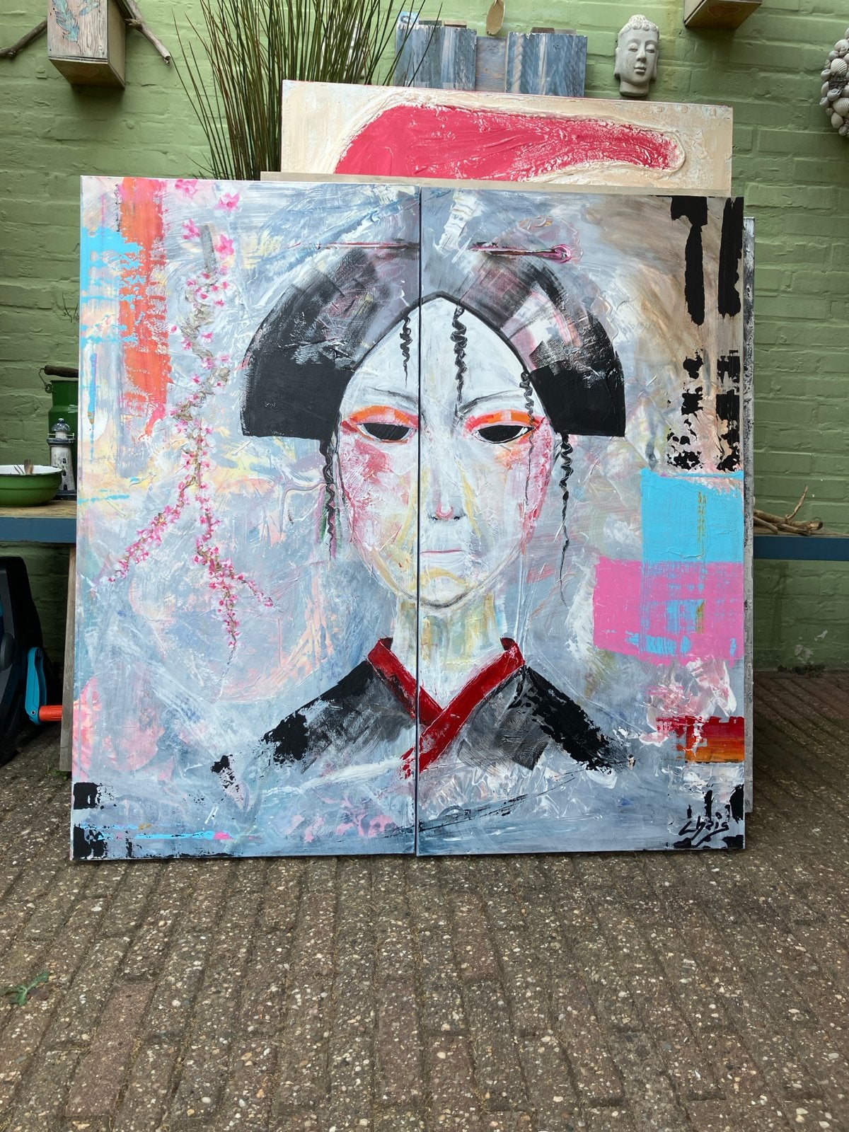 2-luik Schilderij 'Geisha' - Japanse sfeer, acryl op canvas, Antiek en Kunst, Kunst | Schilderijen | Modern, Figuren, Acrylverf