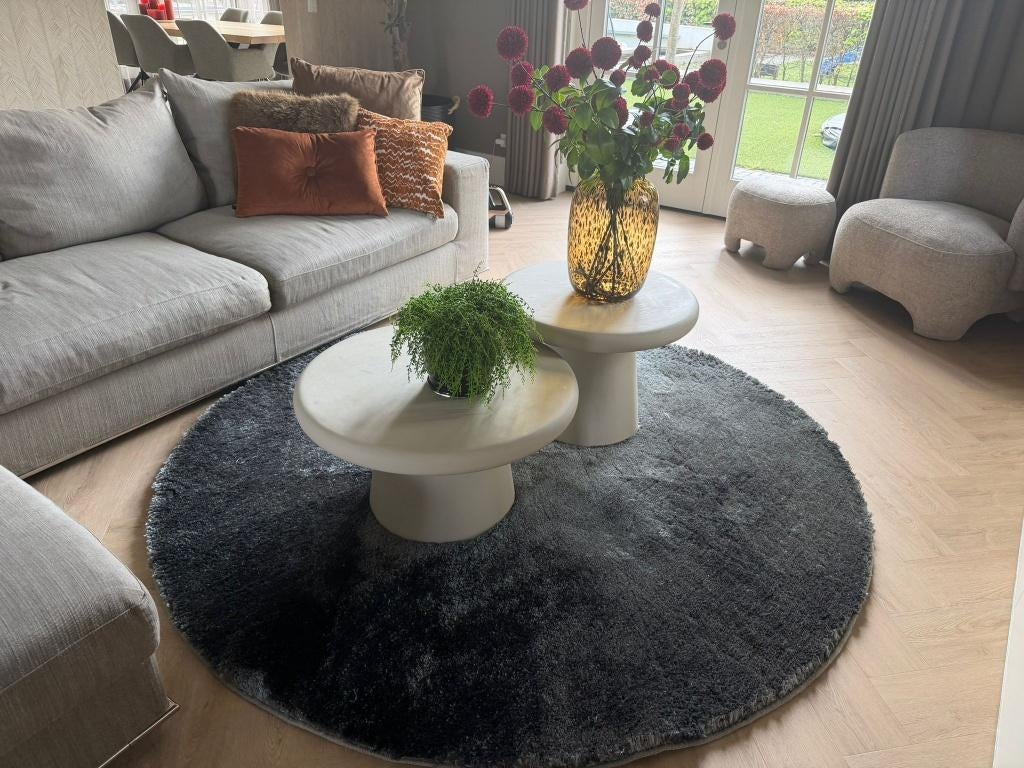 Luxe hoogpolig rond donkergroen vloerkleed (diameter 200 cm), Ophalen, Rond, 200 cm of meer, Zo goed als nieuw