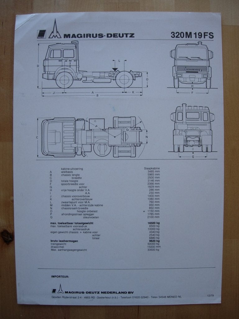 Magirus 320M 19FS Technische Specificatie folder 1979 Iveco, Magirus, Ophalen of Verzenden, Zo goed als nieuw, Overige merken