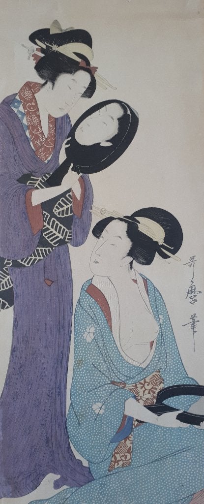 Japanse Houtblok Prent Utamaro Vrouwen Spiegels ca 1920, Antiek en Kunst, Natuurlijk materiaal, Verzenden, Overige typen, 50 cm