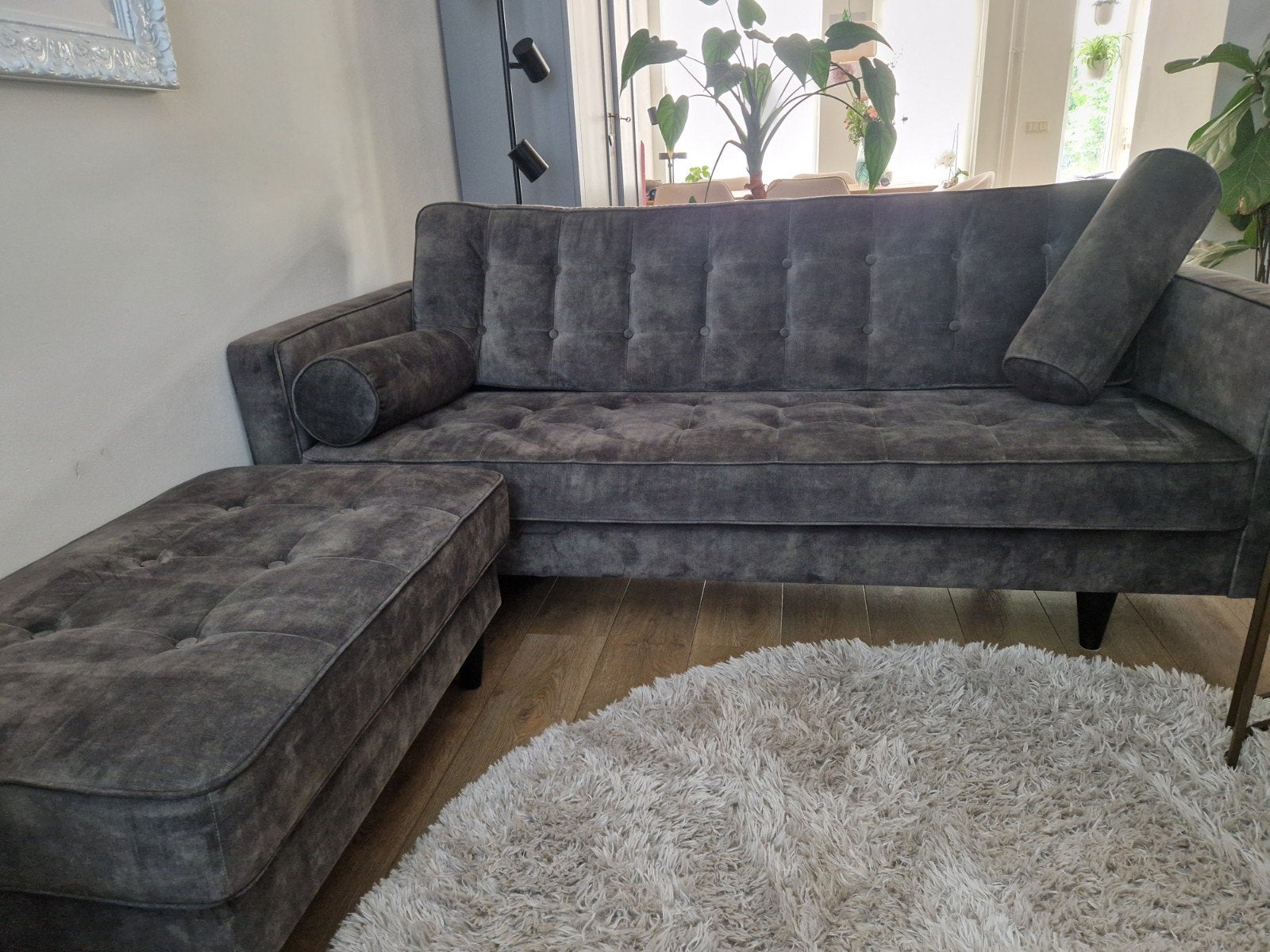 Prachtige donker groene bank met losse hocker. Velours., Huis en Inrichting, 75 tot 100 cm, Zo goed als nieuw, Rechte bank, Stof